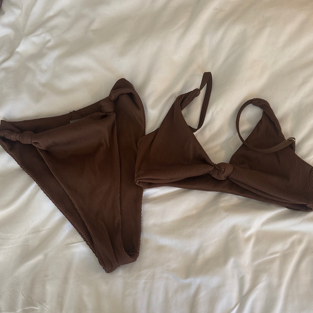 Ribbed Knot Front Chocolate Brown Bikini Set